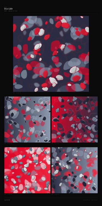 An art print titled "Divide" showing an abstract painting with red, white, and dark blue dots in various compositions.