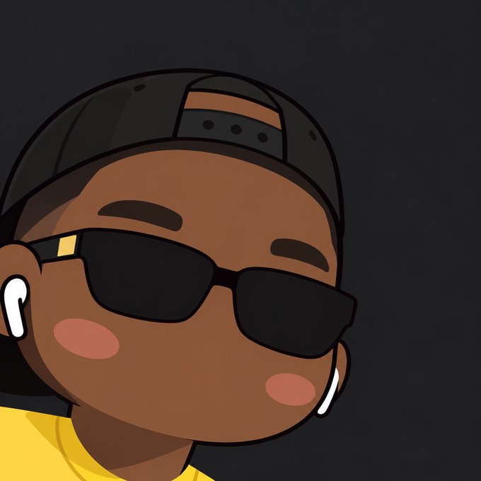 A cartoon-style portrait of a character with brown skin wearing a backwards black cap, sunglasses, white earbuds, and a yellow shirt against a dark gray background.