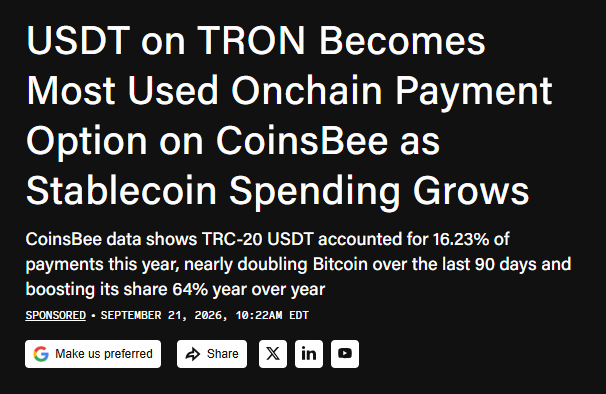 A news headline reading 'USDT on TRON Becomes Most Used Onchain Payment Option on CoinsBee as Stablecoin Spending Grows,' sponsored and dated September 21, 2026.