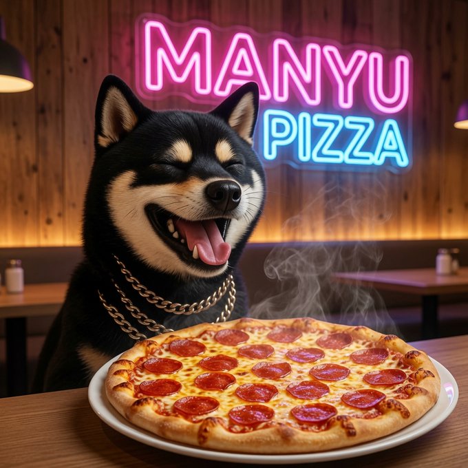 The image features a black and white dog sitting at a table with a plate of pepperoni pizza in front of him. The dog appears to be enjoying his meal as he sits there with a smile on his face, seemingly happy about having the pizza. In the background, there is a neon sign that reads "MANYU PIZZA", indicating that this is a restaurant or pizzeria where the dog has been served his meal.