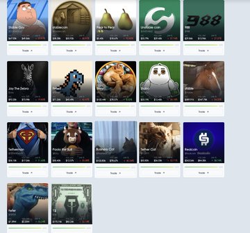 A screenshot of a digital marketplace displays a grid of various NFT collectibles and game items, including pixel art characters, golden pears, and a Superman logo, each with 'Trade' buttons underneath.