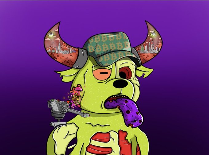 A cartoon-style green bull character with glowing red eyes, dollar-sign horns and cap, a purple tongue with cookie holes, and a money gun splashing cash, set against a purple background.