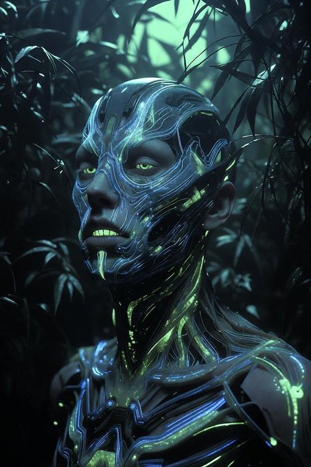 A digital artwork of a futuristic humanoid character with biomechanical skin and glowing green circuitry, set against a dark, leafy background.
