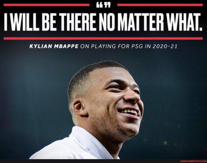 The image shows a smiling football player with the quote "I WILL BE THERE NO MATTER WHAT" attributed to Kylian Mbappé about playing for PSG in 2020-21, likely used to reassure buyers about the upcoming NFT mint and sales timeline. The promise of unwavering presence mirrors the project's commitment to its holders despite variable sale prices.