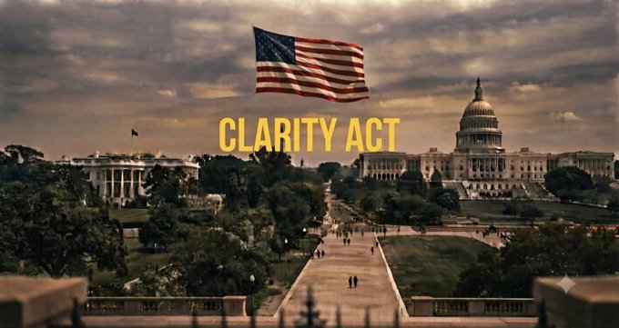 A wide shot of the White House and U.S. Capitol building in Washington D.C. under a cloudy sky, with an American flag overlay and the text 'CLARITY ACT' in bold yellow letters.