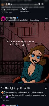 An Instagram post screenshot from @veefriends featuring an animated female character with the caption 'You make people's days a little brighter.'