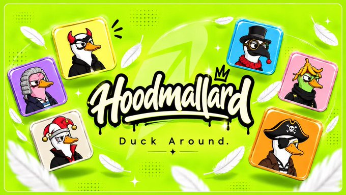 A promotional banner for 'Hoodmallard - Duck Around' featuring six cartoon duck avatars in various costumes (devil, lawyer, judge, jester, pirate) arranged around the logo on a bright green background with floating feathers.