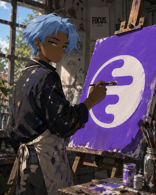 An anime-style artist with blue hair paints a bold purple and white logo on a canvas, with a "FOCUS" poster visible in the studio background—matching the post's theme of locking in on weekly goals like NFTs and memecoins, where focus and creative energy are key.
