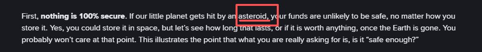 The image shows a dark-themed text snippet reading "First, nothing is 100% secure. If our little planet gets hit by an asteroid, your funds are unlikely to be safe..." with the word "asteroid" highlighted by a red box. The post promotes $BabyAsteroid on the Binance chain, leveraging the highlighted "asteroid" reference as a hook to drive interest toward the featured contract address.