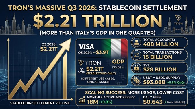 The image is an infographic titled "TRON'S MASSIVE Q3 2026: STABLECOIN SETTLEMENT $2.21 TRILLION (MORE THAN ITALY'S GDP IN ONE QUARTER)," highlighting key metrics including 408 million total accounts, 15 billion total transactions, $28 billion TVL, $93.88B USDT+USDD supply, 18M monthly active addresses, and daily fees of $0.643, visually comparing TRON's stablecoin volume to Italy's GDP and Visa's Q3 2024 figure of ~$3.9T.