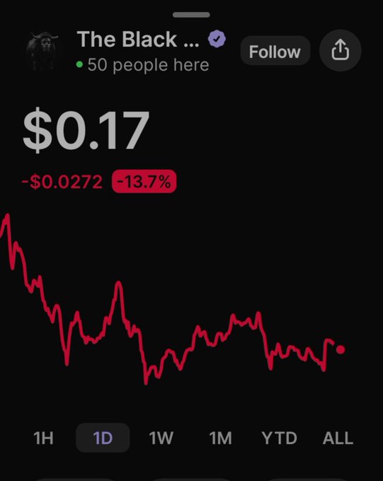 Stock/crypto tracking app screen showing 'The Black...' at $0.17, down -$0.0272 (-13.7%), with a 1D chart displaying a downward red trend line.