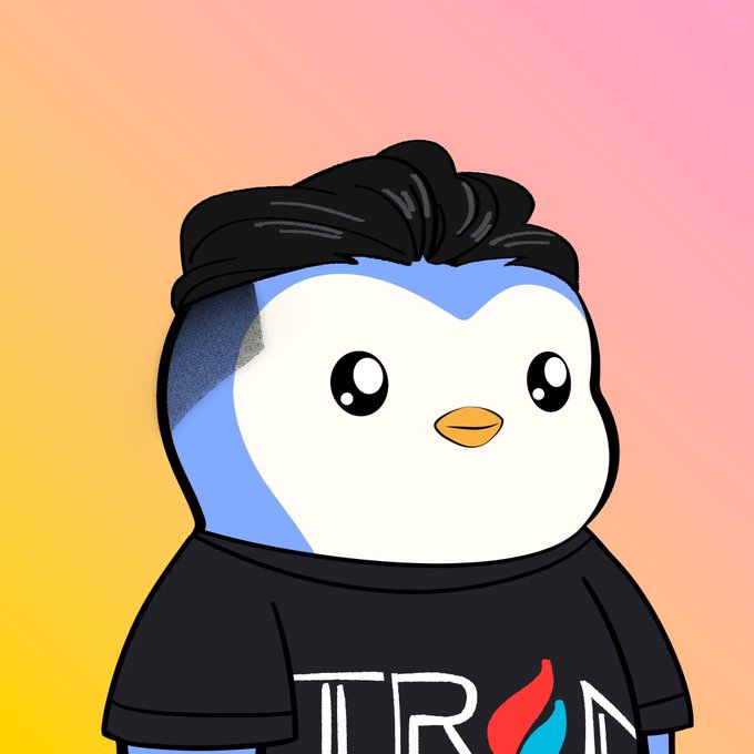 A cartoon penguin mascot with slicked-back black hair wearing a black 'TRON' t-shirt with the red and blue TRX logo against a peach and yellow gradient background.