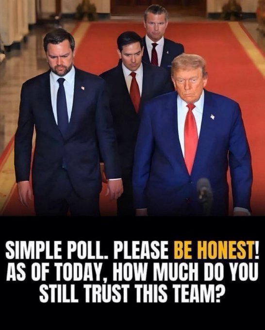 A meme showing Donald Trump walking with two other men in suits on a red carpet, with text asking 'SIMPLE POLL. PLEASE BE HONEST! AS OF TODAY, HOW MUCH DO YOU STILL TRUST THIS TEAM?'