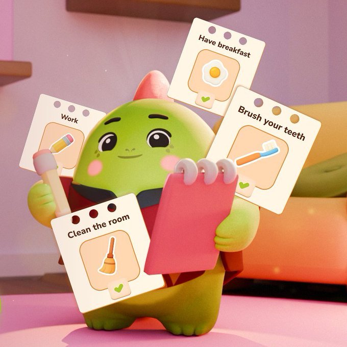 The image features a green dinosaur character standing upright with its arms raised, holding a pink notepad that has four different tasks written on it. The tasks include "work", "clean the room", "brush your teeth", and "have breakfast". This dinosaur character is designed to represent productivity and organization in daily life.