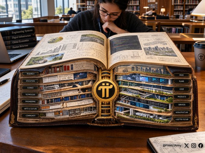 A person studies a large, ornate open book on a library table that displays intricate diagrams and is labeled with topics like 'Research,' 'Education,' 'Science,' and 'Ideas,' with the Pi Network logo at its center.
