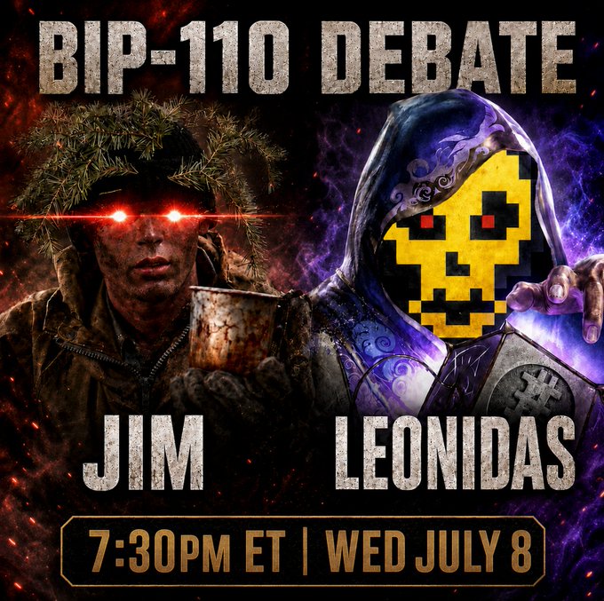 A promotional poster for a 'BIP-110 DEBATE' between 'JIM' (depicted as a rugged soldier with glowing red eyes) and 'LEONIDAS' (depicted as a pixelated hooded skull figure), scheduled for 7:30PM ET on Wednesday, July 8.
