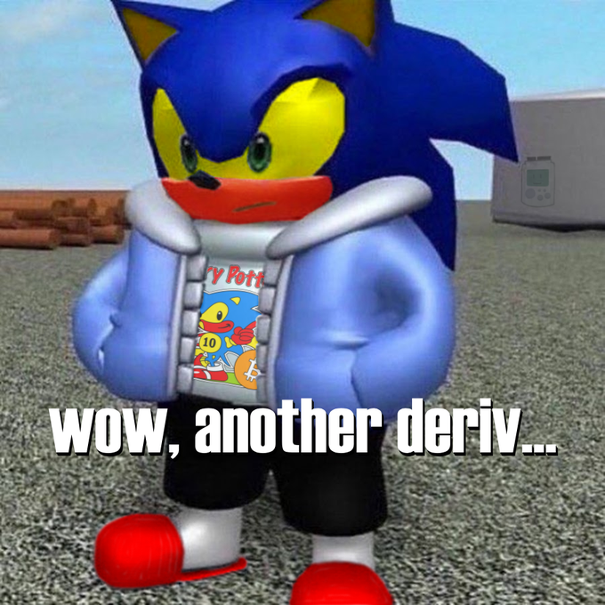 A 3D render of an angry-looking Sonic the Hedgehog wearing a hoodie, holding a can of chicken soup, with meme text reading 'wow, another deriv...'