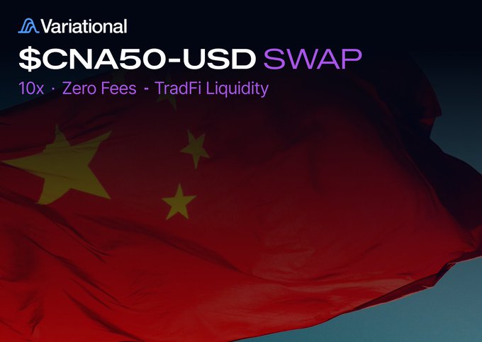 A promotional banner for Variational featuring a waving red Chinese flag with text advertising '$CNA50-USD SWAP' with '10x · Zero Fees · TradFi Liquidity'.