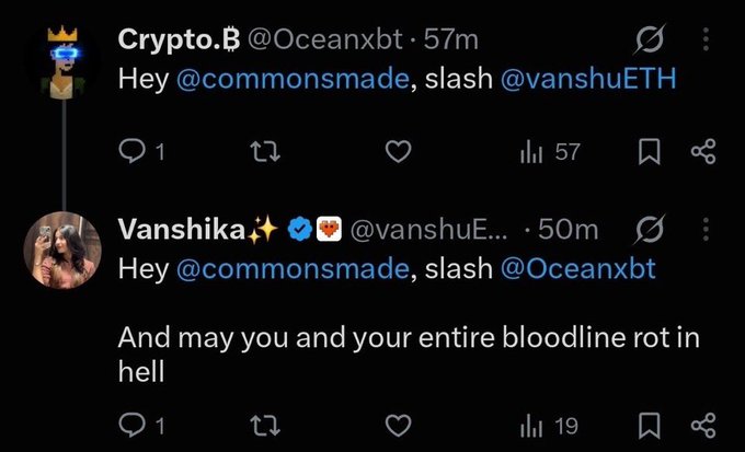 The image shows a Twitter/X exchange where user Crypto.B (@Oceanxbt) replies "Hey @commonsmade, slash @vanshuETH," prompting Vanshika (@vanshuE) to reply with "Hey @commonsmade, slash @Oceanxbt. And may you and your entire bloodline rot in hell," humorously escalating the feud. The caption's mention of a "$20 airdrop" and wanting to be friends again ties into the joke of whether the animosity was real or just crypto clout-chasing drama.