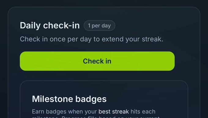 A dark-themed app screen showing a 'Daily check-in' feature with a '1 per day' label and a bright green 'Check in' button, along with a 'Milestone badges' section.