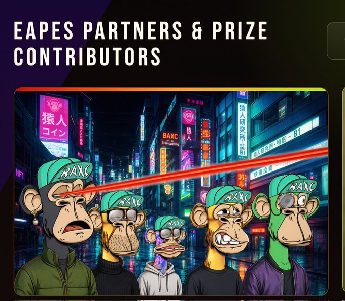The image features a group of five animated monkeys wearing hats, standing together against a city skyline backdrop with neon lights. The text "Apes Partners & Prize Contributors" is displayed above them, indicating that they are part of an award ceremony or contest related to their participation in the event.

In addition to the monkeys and the cityscape, there is also a banner visible at the bottom right corner of the image. This banner contains some text about the post's content, which includes mentions of "MultiversX" and "@xPortalApp x.com/i/status/20591".