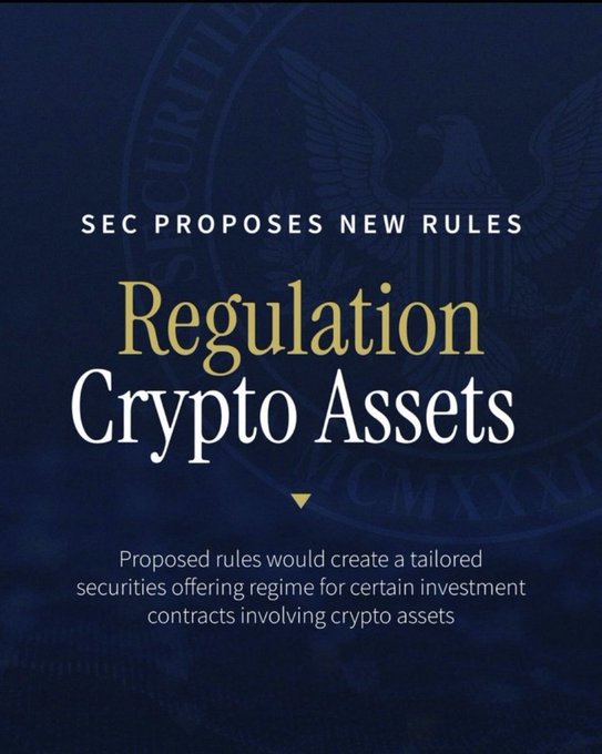 A dark blue graphic featuring the SEC seal with bold text announcing "SEC PROPOSES NEW RULES" for "Regulation Crypto Assets," explaining that the proposed rules would create a tailored securities offering regime for certain investment contracts involving crypto assets. The image serves as a visual headline accompanying breaking news about the SEC's new crypto regulatory framework.