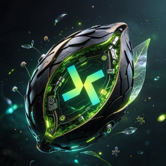 A 3D rendering of a dark, pod-like mechanical object with glowing green circuitry and a bright green 'X' symbol in the center, surrounded by leaves and small flowers against a dark background.