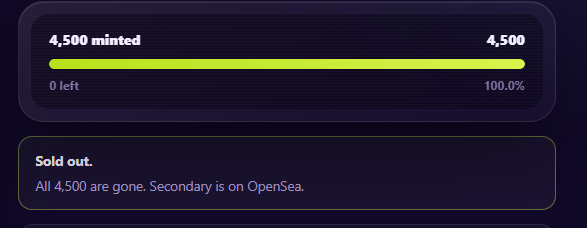 A progress bar shows that all 4,500 "Terminal Kids" NFTs have been minted (100%, 0 left), with a "Sold out" message confirming the collection is fully minted and secondary sales are available on OpenSea at opensea.io/collection/ter..., matching the post's announcement of a complete sell-out and ongoing airdrops to collab partners.