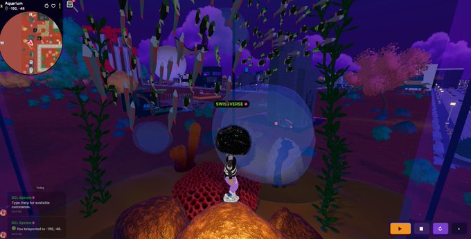 A screenshot from the video game Decentraland showing an avatar standing in an underwater-themed area called 'OWOVERSE' with coral, seaweed, and a large transparent bubble.