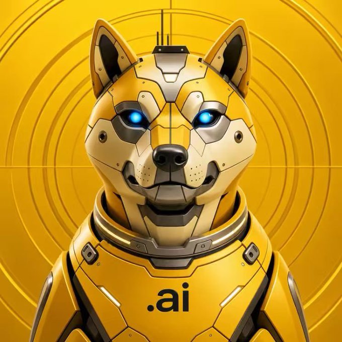 A futuristic yellow robotic dog with glowing blue eyes stands against a circular yellow backdrop, with “.ai” printed on its chest. The image visually reinforces the post’s claim about an innovative, agent-focused fair launch and its “early track pioneer” theme.