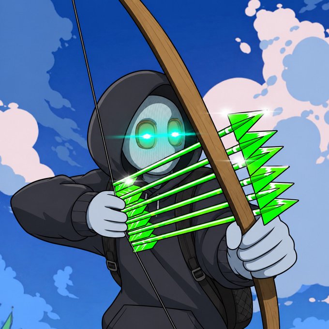 A hooded cartoon archer with glowing green eyes holds a bow loaded with bright green arrows, aiming toward the viewer against a blue sky with fluffy clouds. The image relates to the post's "GM" (good morning) theme in crypto culture, where the archers' vibrant green arrows and energy visually represent the enthusiasm and readiness that "degenerates" (crypto enthusiasts) show when greeting each other online.
