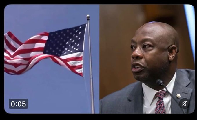 A split image showing a waving American flag on the left and a man in a suit speaking into a microphone on the right, with a "0:05" timer overlay.