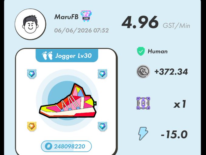 The image shows a blue screen with various icons, including a pair of shoes, a jogging shoe, and a lightning bolt icon. The text on the screen reads "stepn (更新) #HEAL3 #ヘルスリー uSSF6oVFh1TZvei2UwlG2XVbZy73 #stepn (更新) #SuperWalk 友達申請も宜しく→(まるFB)", which suggests that the image is related to a fitness or health-related app. The icons and text on the screen provide information about the app's features, such as tracking steps taken during jogging sessions and providing updates for users.