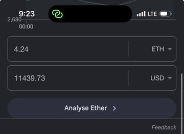 A screenshot of an Ether (ETH) trading or analysis app showing 4.24 ETH valued at 11439.73 USD, with an "Analyse Ether" button, highlighting a significant crypto profit referenced in the caption.