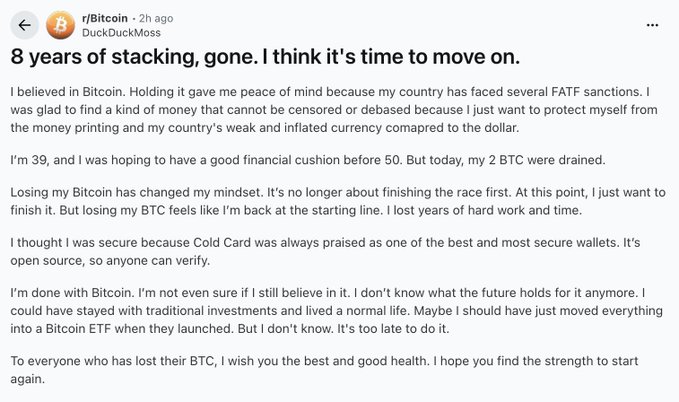 A Reddit post from r/Bitcoin by user 'DuckDuckMoss' titled '8 years of stacking, gone. I think it's time to move on.', detailing the loss of 2 BTC and the user's disillusionment with the Cold Card wallet.