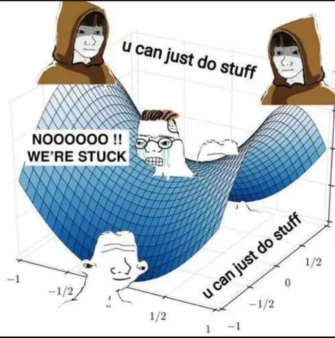 A humorous math meme featuring the "you just do stuff" Wojak character inside a 3D mathematical saddle/hyperbolic paraboloid plot with axes ranging from -1 to 1, surrounded by hooded figures, with one Wojak crying "NOOOOOO !! WE'RE STUCK."