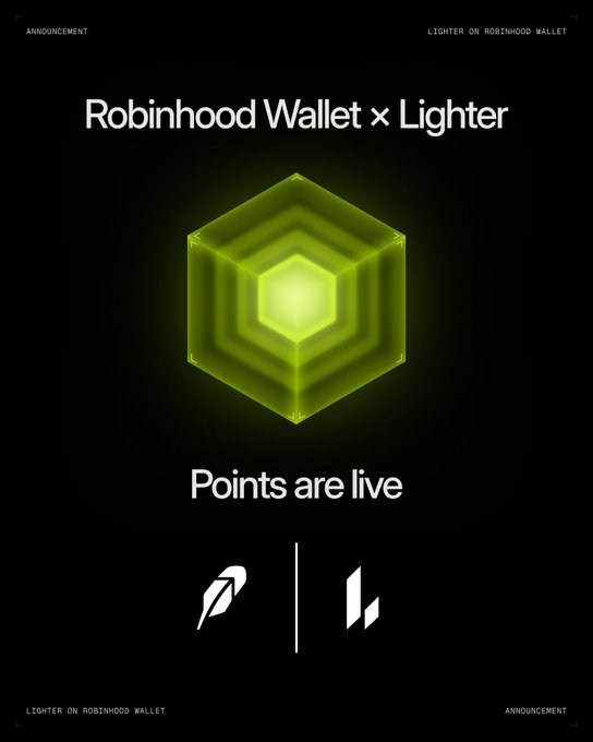 Black announcement graphic for 'Robinhood Wallet x Lighter' declaring 'Points are live,' featuring a glowing green hexagonal logo and small feather and geometric icons.