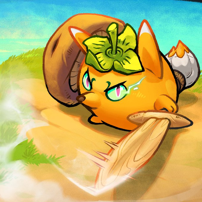 A stylized digital illustration of a cute orange creature with large green eyes, ram-like curled horns, and a green bow, riding a piece of wood across a sandy landscape.