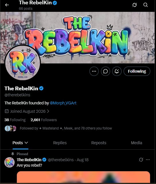 A Twitter/X profile page for "The RebelKin" (@therebelkins), founded by @Morph_VGArt, with a colorful graffiti-style banner reading "THE REBELKIN" against a concrete wall, showing 2,661 followers and a pinned post asking "Are you rebel?".