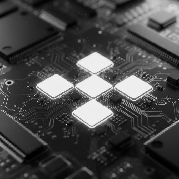 A cluster of glowing microchips on a circuit board, symbolizing the builders shaping the new financial era.