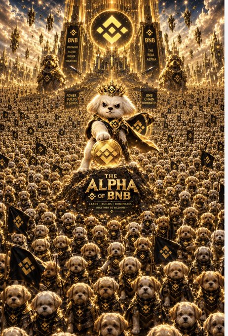 A dramatic promotional poster titled 'THE ALPHA OF BNB' depicting a crowned white dog surrounded by an army of similarly adorned puppies under the BNB (Binance Coin) logo.
