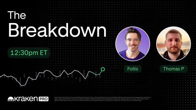 A promotional graphic for Kraken Pro's "The Breakdown" show airing at 12:30pm ET, featuring hosts Follis and Thomas P against a dark background with a candlestick chart graphic. The image ties into the post's discussion of upcoming economic catalysts—PPI, CPI, FOMC, and clarity on rate expectations—visually setting the stage for the live market analysis episode.