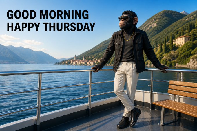 A digital artwork featuring a chimpanzee wearing sunglasses, a black jacket, and white pants, leaning against a railing on a boat with mountains and a lake in the background, with text reading 'GOOD MORNING HAPPY THURSDAY'.