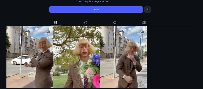 The image shows three side-by-side photos of Jean Phil, the viral internet character referenced in the post, sporting his signature golden bowl-cut wig, mustache, and plaid suit while posing on a city street. The images appear to be from a Pump.fun profile (join.pump.fun/nTSag/mSiS2odm), linking to the $JEANPHIL token promotion mentioned in the caption.