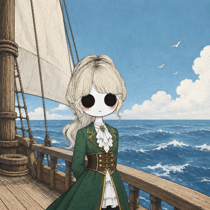 A pale-haired anime-style figure with large black eyes stands on the wooden deck of a sailing ship, wearing an elegant green Victorian-style coat with gold detailing against a backdrop of open seas and seagulls—evoking a mysterious, adventurous voyage that mirrors the expedition into the "Hollow Ones" project giveaway.