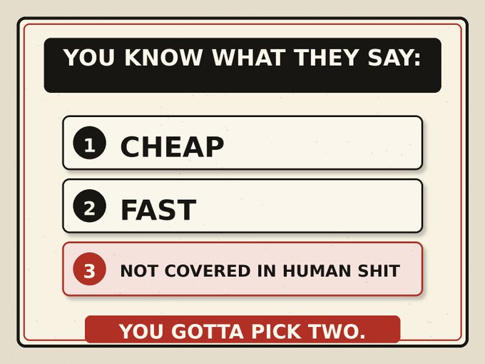 A humorous sign reading 'YOU KNOW WHAT THEY SAY: 1. CHEAP, 2. FAST, 3. NOT COVERED IN HUMAN SHIT, YOU GOTTA PICK TWO.'