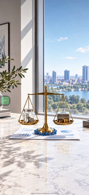 A golden balance scale with a blue beaded base sits on a marble counter holding a jar of coins and small gold bars, with a city skyline visible through the window.