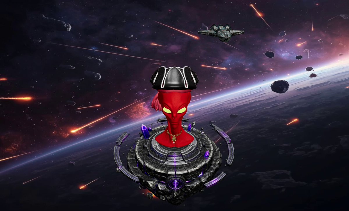 INO V1000 x Nebulas has created an interactive 3D NFT collection featuring a red alien head with a black hat, set against a backdrop of space debris and stars. The post highlights that this is not just any static image but rather a unique digital art piece generated through a custom-built system on Ethereum. It showcases 500 FCFS spots for the top 500 nebula holders in the collection.