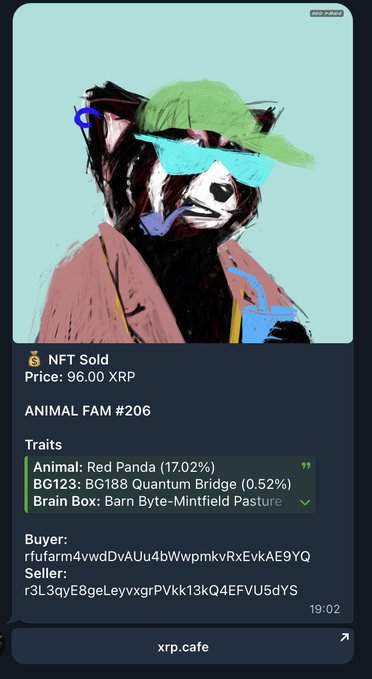 An NFT sold notification from xrp.cafe for an item called 'ANIMAL FAM #206' featuring a stylized image of a red panda, sold for 96.00 XRP with traits including 'Red Panda' and 'Barn Byte-Mintfield Pasture'.