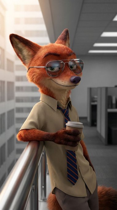 An anthropomorphic fox character wearing glasses, a beige shirt, and a striped tie, holding a coffee cup and leaning against a railing in an office setting.